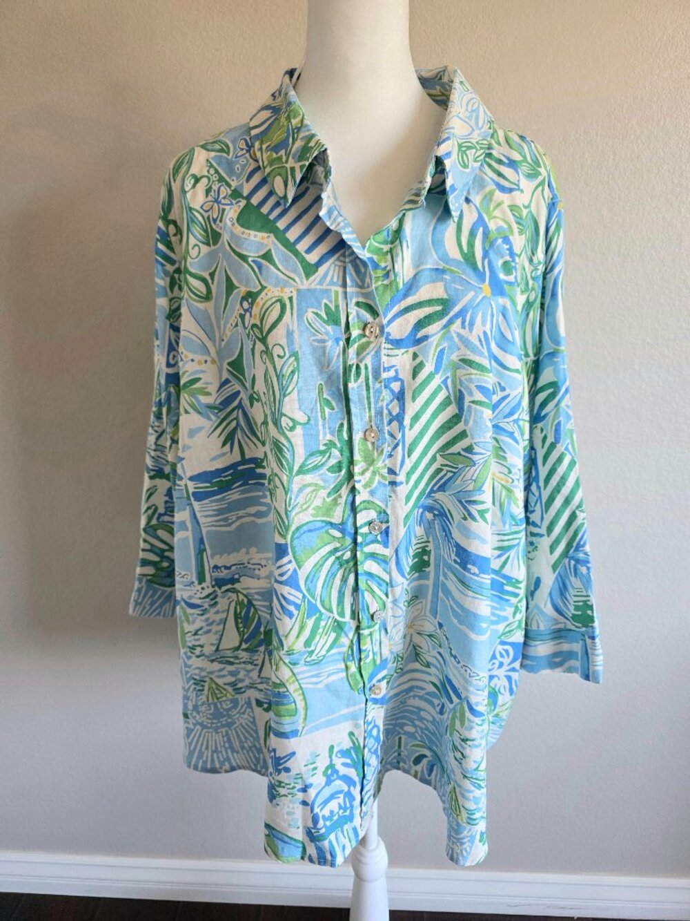 Rachel Roy Button Up Linen Blend Shirt Tropical Beach Coastal Floral Size 1X